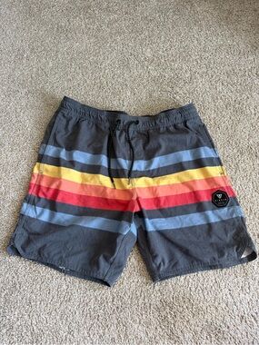 VISSLA Gray Swim Shorts with Yellow, Orange & Red Stripes